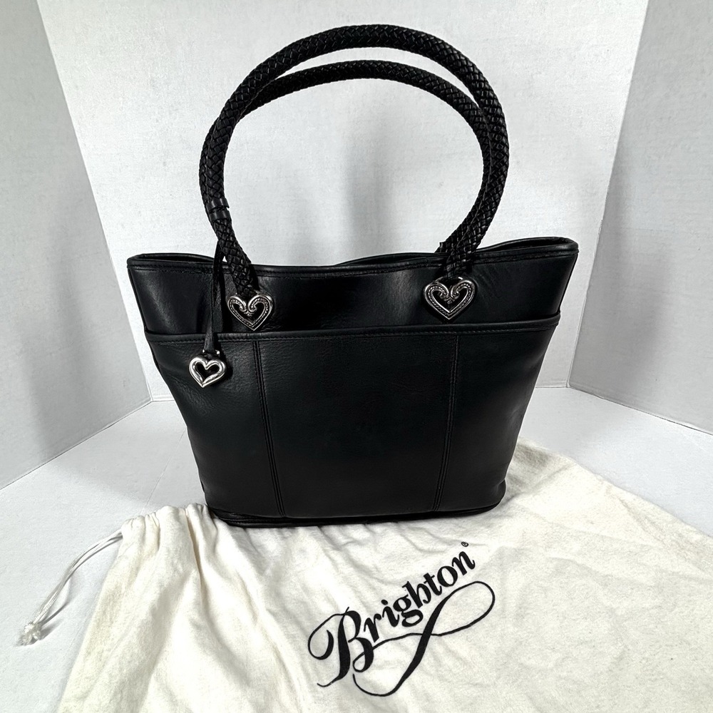 VTG Brighton Black Leather Bucket Purse Heart Charm Dust Bag 90s Weave Handle EC - Picture 10 of 10